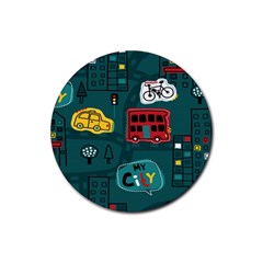 Seamless-pattern-hand-drawn-with-vehicles-buildings-road Rubber Round Coaster (4 Pack) by Salman4z