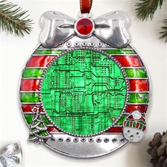 Green Circuit Board Computer Metal X mas Ribbon With Red Crystal Round Ornament by Bakwanart