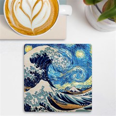 The Great Wave Of Kanagawa Painting Hokusai, Starry Night Vincent Van Gogh Uv Print Square Tile Coaster  by Bakwanart
