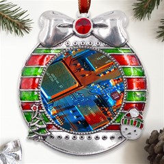 Gray Circuit Board Electronics Electronic Components Microprocessor Metal X mas Ribbon With Red Crystal Round Ornament by Bakwanart