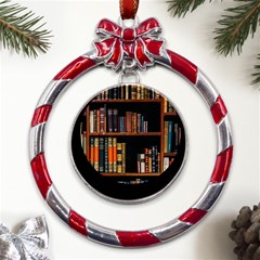 Assorted Title Of Books Piled In The Shelves Assorted Book Lot Inside The Wooden Shelf Metal Red Ribbon Round Ornament by 99art