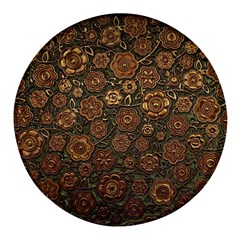 Brown And Green Floral Print Textile Ornament Pattern Texture Round Glass Fridge Magnet (4 Pack) by danenraven