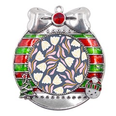 Flowers Pattern Floral Pattern Metal X mas Ribbon With Red Crystal Round Ornament by Vaneshop