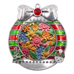 Flower Bloom Embossed Pattern Metal X mas Ribbon With Red Crystal Round Ornament by Vaneshop