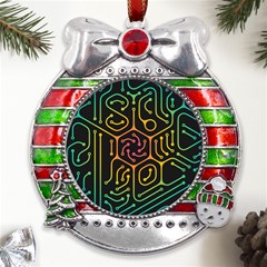 Circuit Hexagonal Geometric Pattern Background Pattern Metal X mas Ribbon With Red Crystal Round Ornament by Ndabl3x