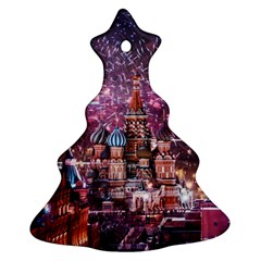 Moscow Kremlin Saint Basils Cathedral Architecture  Building Cityscape Night Fireworks Christmas Tree Ornament (two Sides) by Cowasu