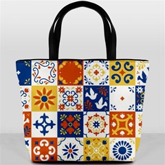 Mexican-talavera-pattern-ceramic-tiles-with-flower-leaves-bird-ornaments-traditional-majolica-style- Bucket Bag by uniart180623
