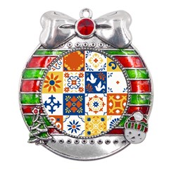 Mexican-talavera-pattern-ceramic-tiles-with-flower-leaves-bird-ornaments-traditional-majolica-style- Metal X mas Ribbon With Red Crystal Round Ornament by uniart180623