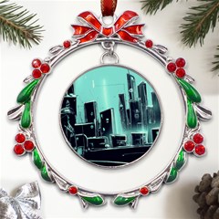 Buildings City Urban Destruction Background Metal X mas Wreath Ribbon Ornament by uniart180623