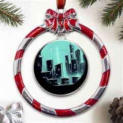 Buildings City Urban Destruction Background Metal Red Ribbon Round Ornament by uniart180623