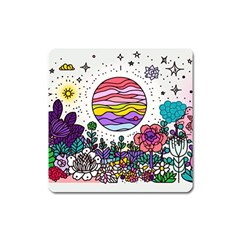 Rainbow Fun Cute Minimal Doodle Drawing Unique Square Magnet by uniart180623
