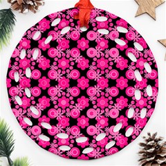 Bitesize Flowers Pearls And Donuts Fuchsia Black Ornament (round Filigree) by Mazipoodles