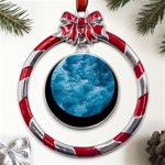 Blue Water Speech Therapy Metal Red Ribbon Round Ornament Front