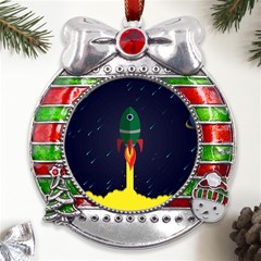 Rocket Halftone Astrology Astronaut Metal X mas Ribbon With Red Crystal Round Ornament by Bangk1t