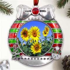 Sunflower Gift Metal X mas Ribbon With Red Crystal Round Ornament by artworkshop