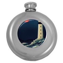 Lighthouse Lunar Eclipse Blood Moon Round Hip Flask (5 Oz) by uniart180623