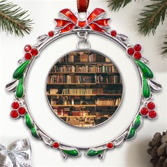 Books On Bookshelf Assorted Color Book Lot In Bookcase Library Metal X mas Wreath Ribbon Ornament by Ravend