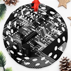 Black And Gray Circuit Board Computer Microchip Digital Art Ornament (round Filigree) by Bedest