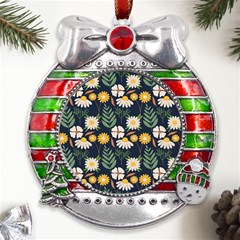 Flower Grey Pattern Floral Metal X mas Ribbon With Red Crystal Round Ornament by Dutashop