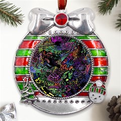 Trippy Dark Psychedelic Metal X mas Ribbon With Red Crystal Round Ornament by Sarkoni