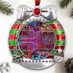 Technology Circuit Board Layout Pattern Metal X Mas Ribbon With Red Crystal Round Ornament Front