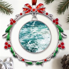 Blue Crashing Ocean Wave Metal X mas Wreath Ribbon Ornament by Jack14