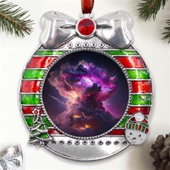 Cloud Heaven Storm Chaos Purple Metal X mas Ribbon With Red Crystal Round Ornament by Sarkoni