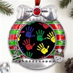 Ellipse Pattern Background Metal X Mas Ribbon With Red Crystal Round Ornament Front