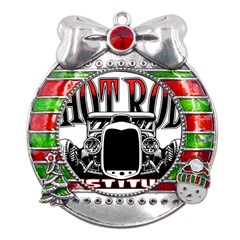 Vintage Car Hot Rod Motor Vehicle Metal X mas Ribbon With Red Crystal Round Ornament by Sarkoni