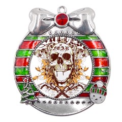 Harvest Of Fear Logo Illustration Skull Pistol Metal X mas Ribbon With Red Crystal Round Ornament by Sarkoni