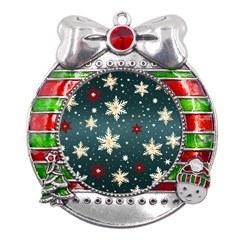 Snowflakes Winter Snow Metal X mas Ribbon With Red Crystal Round Ornament by Apen