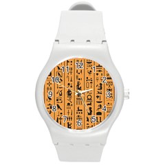 Egyptian Hieroglyphs Ancient Egypt Letters Papyrus Background Vector Old Egyptian Hieroglyph Writing Round Plastic Sport Watch (m) by Hannah976