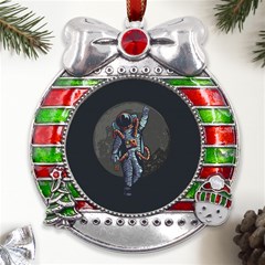 Illustration Drunk Astronaut Metal X mas Ribbon With Red Crystal Round Ornament by Bedest
