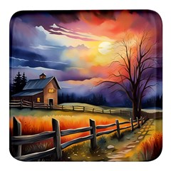 Rural Farm Fence Pathway Sunset Square Glass Fridge Magnet (4 Pack) by Bedest
