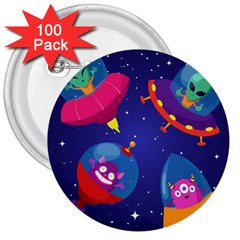 Cartoon Funny Aliens With Ufo Duck Starry Sky Set 3  Buttons (100 Pack)  by Ndabl3x