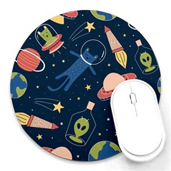 Seamless Pattern With Funny Aliens Cat Galaxy Round Mousepad by Hannah976