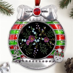 Embroidery Trend Floral Pattern Small Branches Herb Rose Metal X mas Ribbon With Red Crystal Round Ornament by Apen