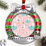 Cute Owl Doodles With Moon Star Seamless Pattern Metal X Mas Ribbon With Red Crystal Round Ornament Front