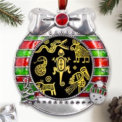 Mexican Culture Golden Tribal Icons Metal X mas Ribbon With Red Crystal Round Ornament by Apen