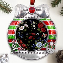 Floral Folk Fashion Ornamental Embroidery Pattern Metal X mas Ribbon With Red Crystal Round Ornament by Apen