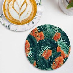 Green Tropical Leaves Uv Print Round Tile Coaster by Jack14