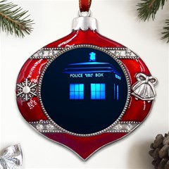 Blue Tardis Doctor Who Police Call Box Metal Snowflake And Bell Red Ornament by Cendanart