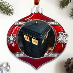 Tardis Bbc Doctor Who Dr Who Metal Snowflake And Bell Red Ornament by Cendanart