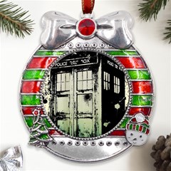 Doctor Who Tardis Metal X mas Ribbon With Red Crystal Round Ornament by Cendanart