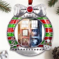 Tardis Doctor Who Metal X mas Ribbon With Red Crystal Round Ornament by Cendanart