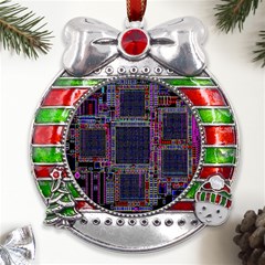 Cad Technology Circuit Board Layout Pattern Metal X mas Ribbon With Red Crystal Round Ornament by Ket1n9