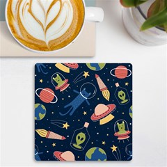 Seamless Pattern With Funny Alien Cat Galaxy Uv Print Square Tile Coaster  by Ndabl3x