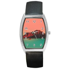 Brown Mountain Illustration Sunset Digital Art Mountains Barrel Style Metal Watch by Cendanart