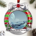 Mountain Covered Snow Mountains Clouds Fantasy Art Metal X Mas Ribbon With Red Crystal Round Ornament Front