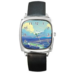Mountains And Trees Illustration Painting Clouds Sky Landscape Square Metal Watch by Cendanart